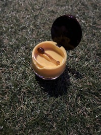 a small container with a lid sitting on the grass